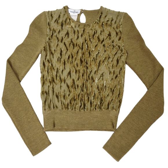 VALENTINO Mustard Green Sweater Long Sleeve Velvet Burnout Mesh Designer Top - Picture 4 of 12